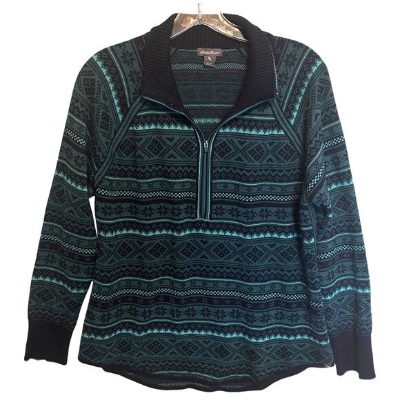 Eddie Bauer 1/4 Zip Fair Isle Sweater Womens Large Navy Teal Snowflake Nordic - Picture 2 of 8